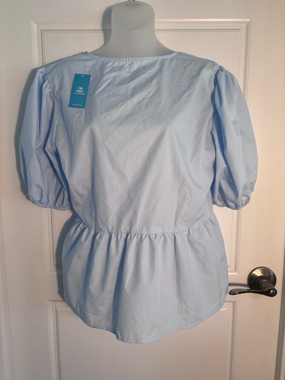 Cupshe Peplum Light Blue Puff Sleeve Open Lace Up Back Top Size XL NWT